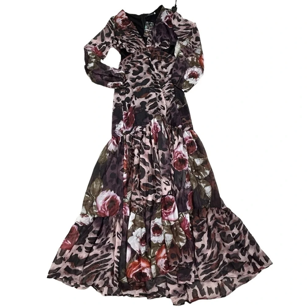Giffniseti Leopard Floral Print Long Sleeve Ruffle Hem Maxi Dress NWT - Picture 4 of 16